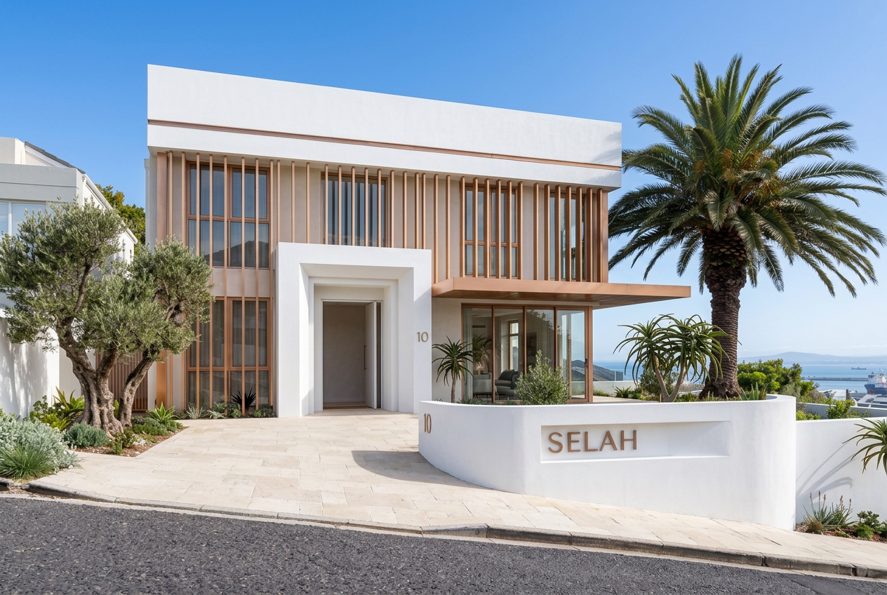 The Arrival Court at The Selah — White plaster, sandstone underfoot and the bay opening up as the car door closes.
