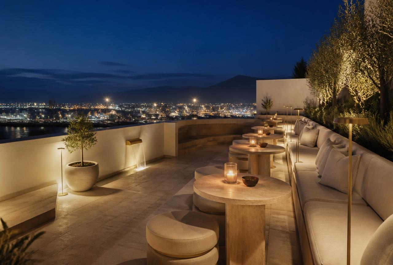The upper terrace at dusk