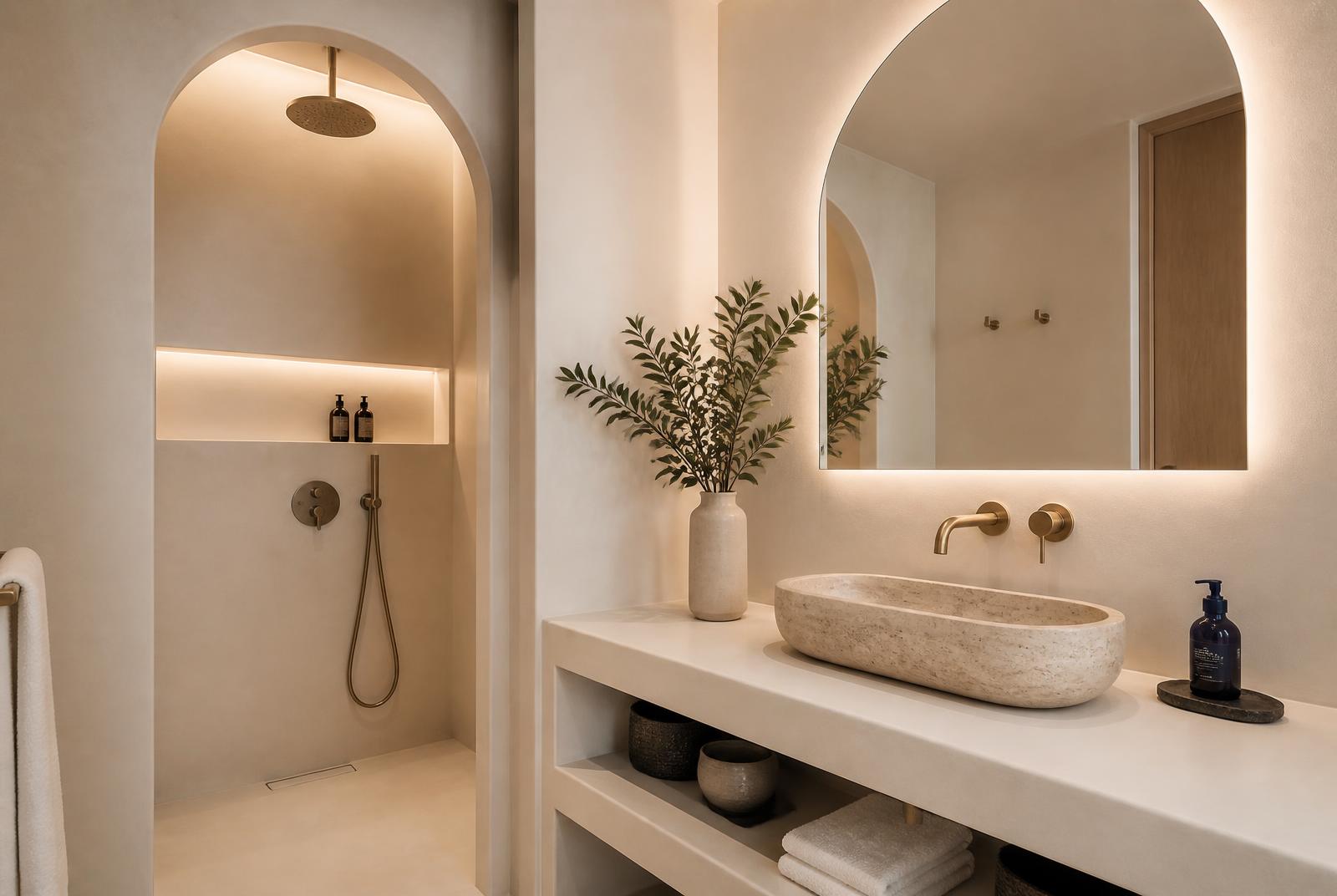 Suite Bathing at The Selah — Honed stone, a deep tub, warm floors. Every suite bathes the same way.