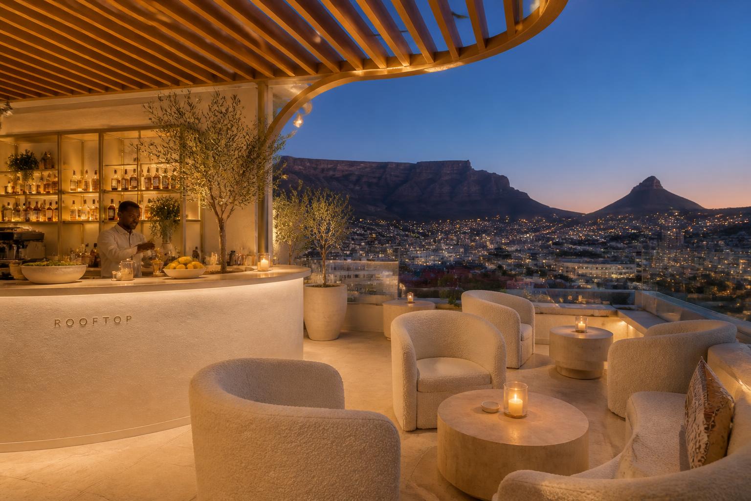 The Roof Bar at The Selah — A curved plaster bar under an oak slat pergola, bouclé chairs turned to the view.