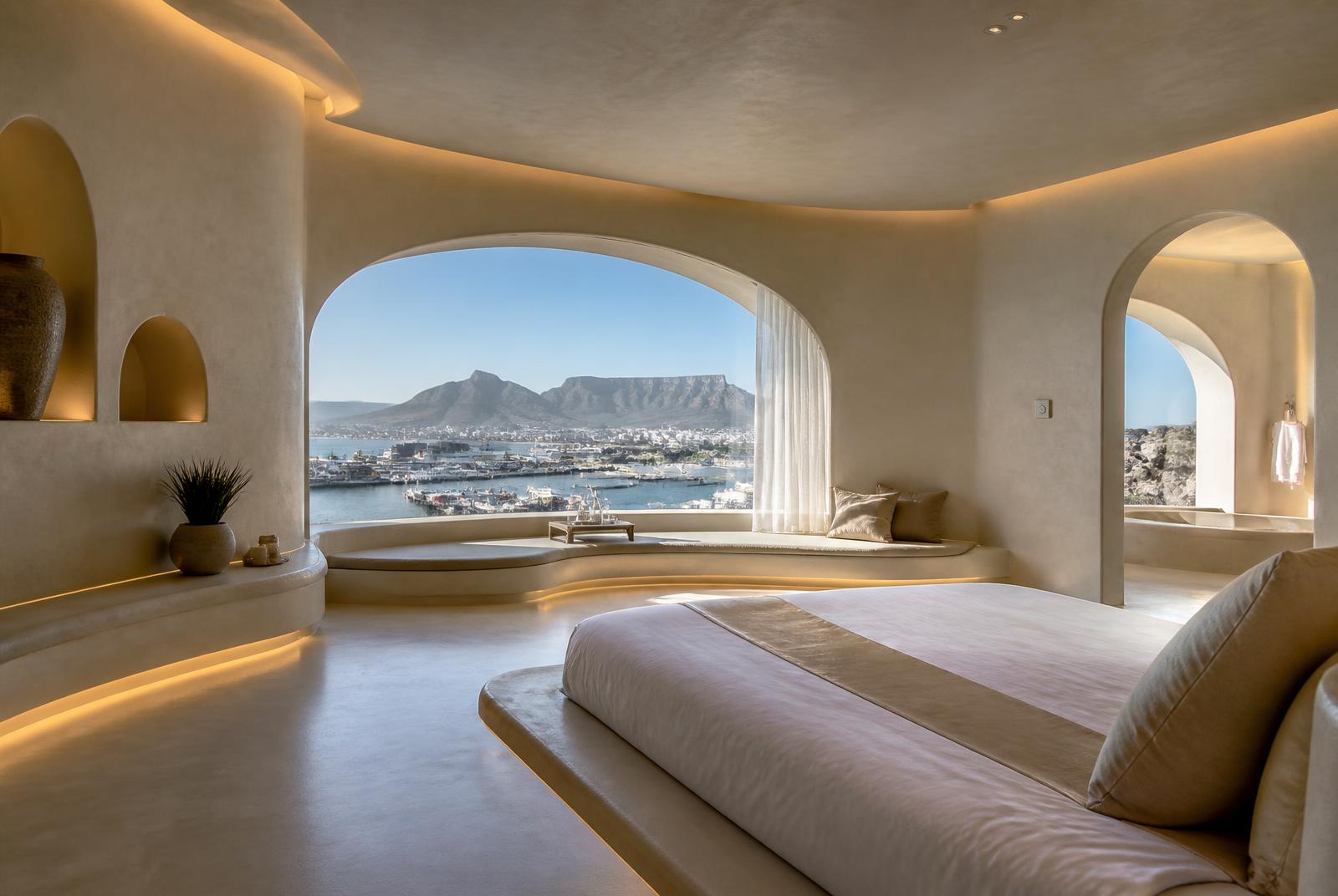 The Bay Suite at The Selah — Glazed on two sides above the harbour, with a sitting area, a freestanding bath at the window and a fluted-glass shower room.