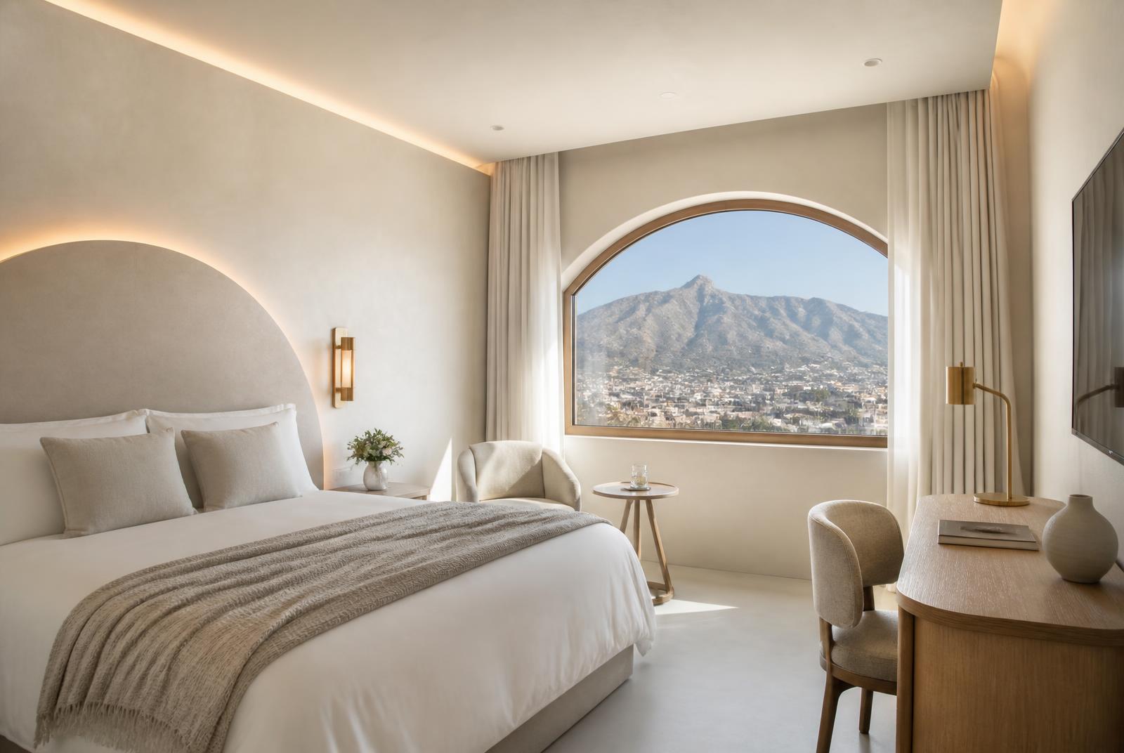 Mountain Executive at The Selah — North-facing and bright until midday. An oak wardrobe wall, a desk at the window and a travertine ensuite with a walk-in shower.