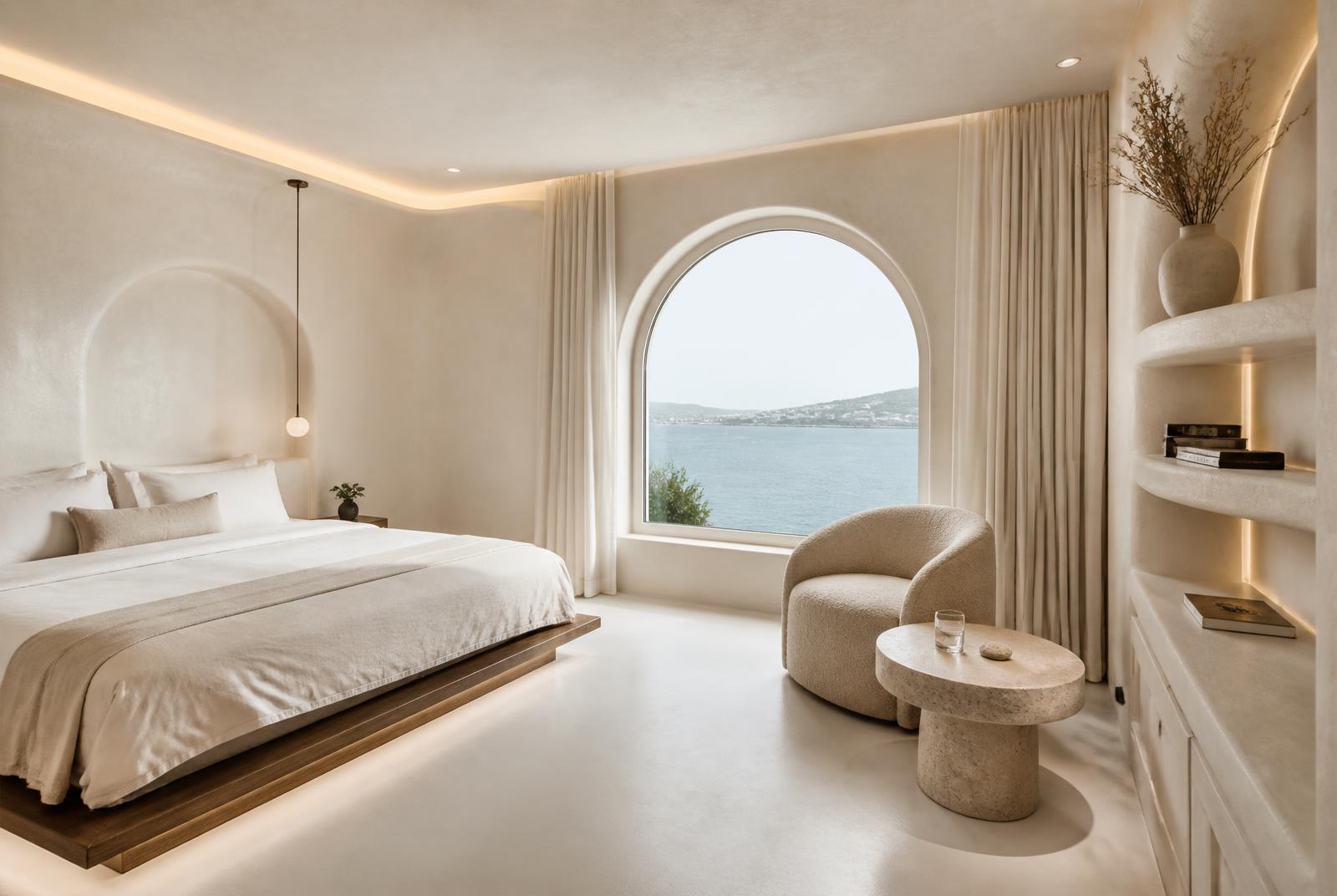 Harbour Executive at The Selah — A deep bay window over the working harbour with a reading chair set into it, and a tub behind clear glazing.