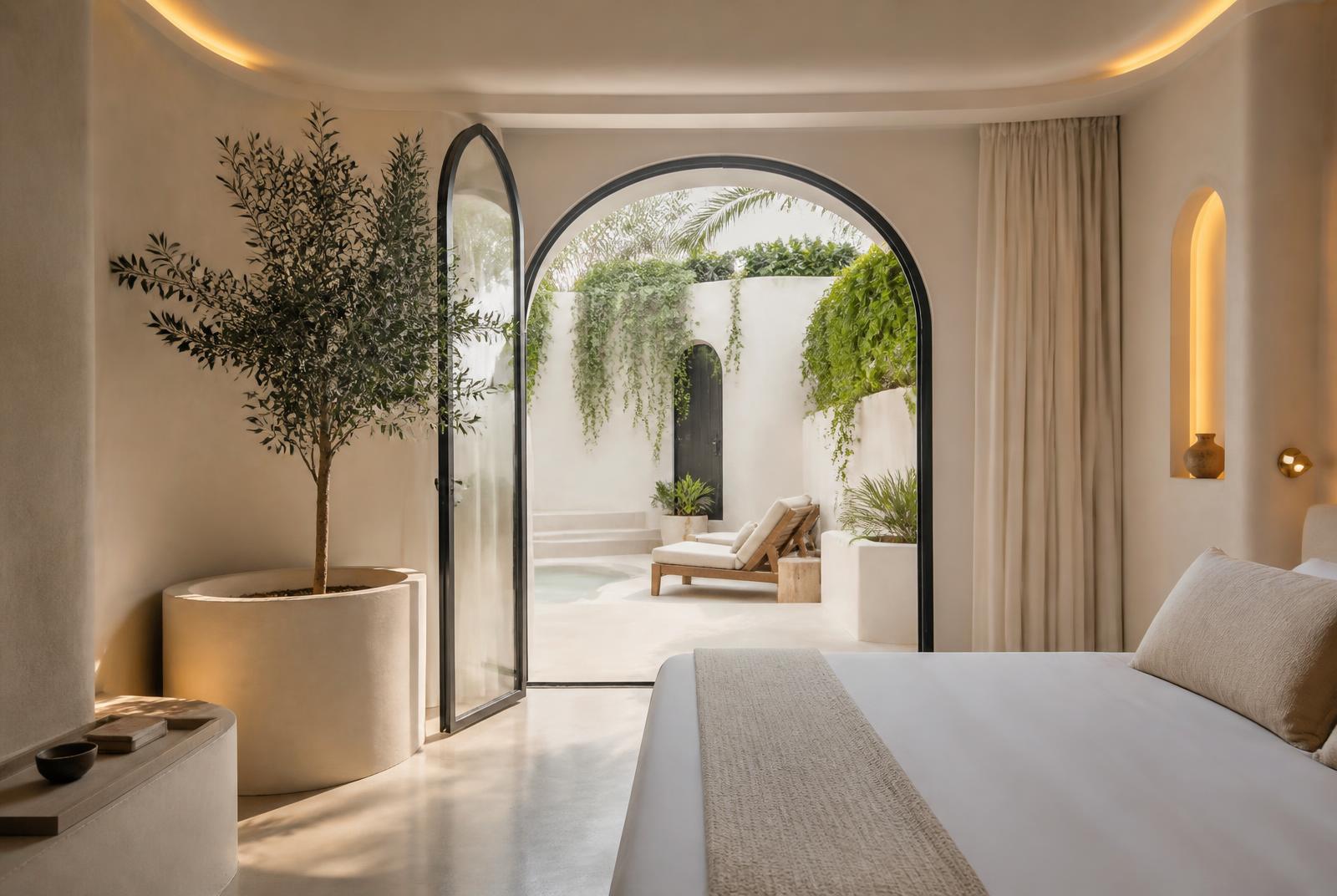 Garden Executive at The Selah — Doors straight onto a private courtyard, a low oak platform bed, and a bathroom with a floating basin and rain shower.