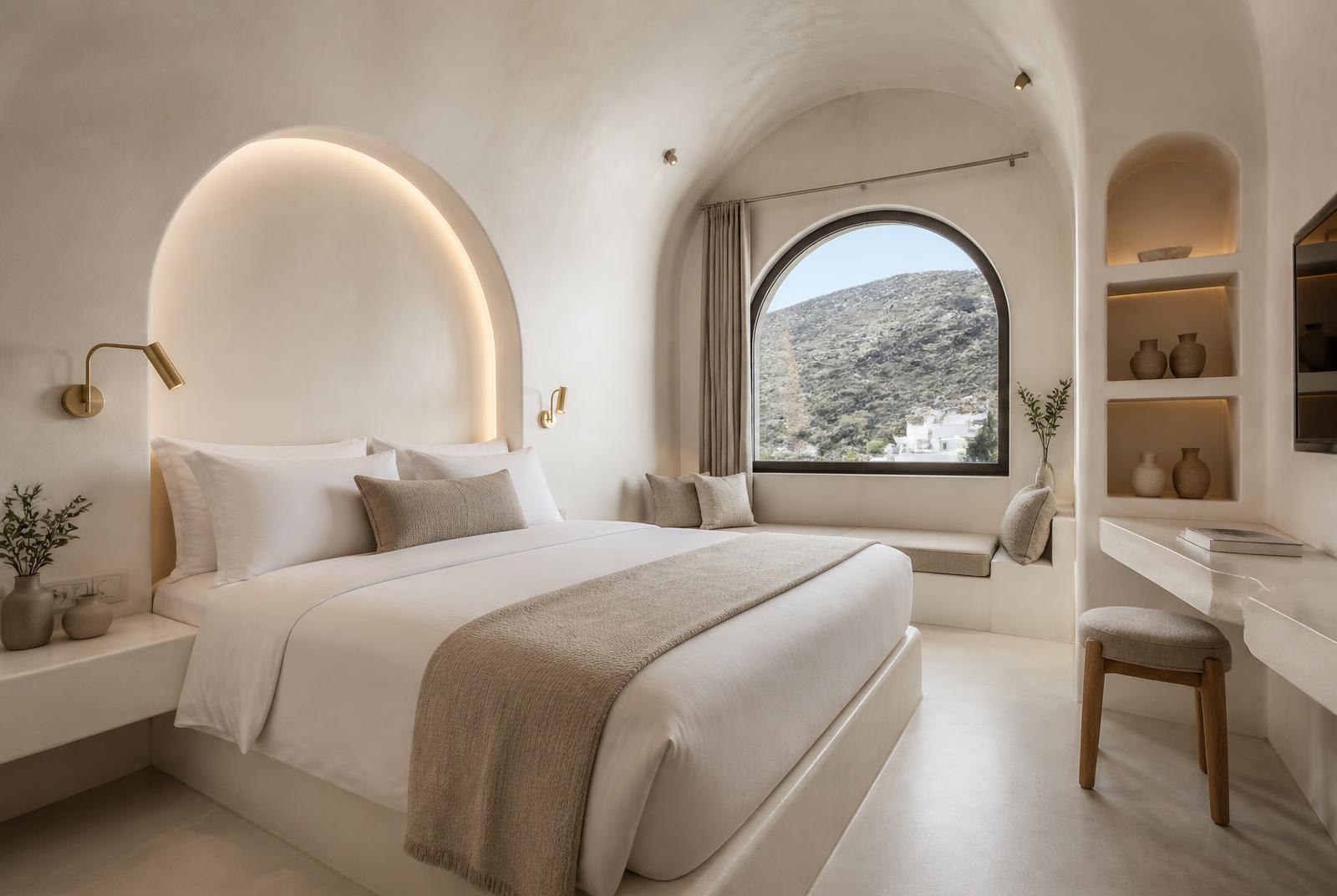 Hill Room at The Selah — The quietest room in the house, turned to the slope, with a compact travertine bathroom behind the bedhead wall.