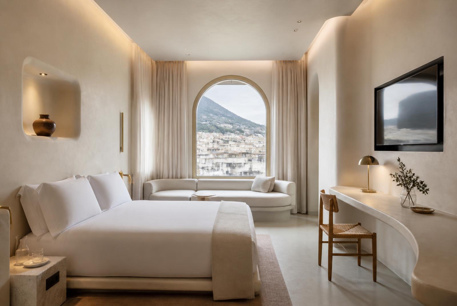 City Room at The Selah — Built-in oak desk and wardrobe, a window over the Bo-Kaap roofs, and a pale stone shower room with gold fittings.
