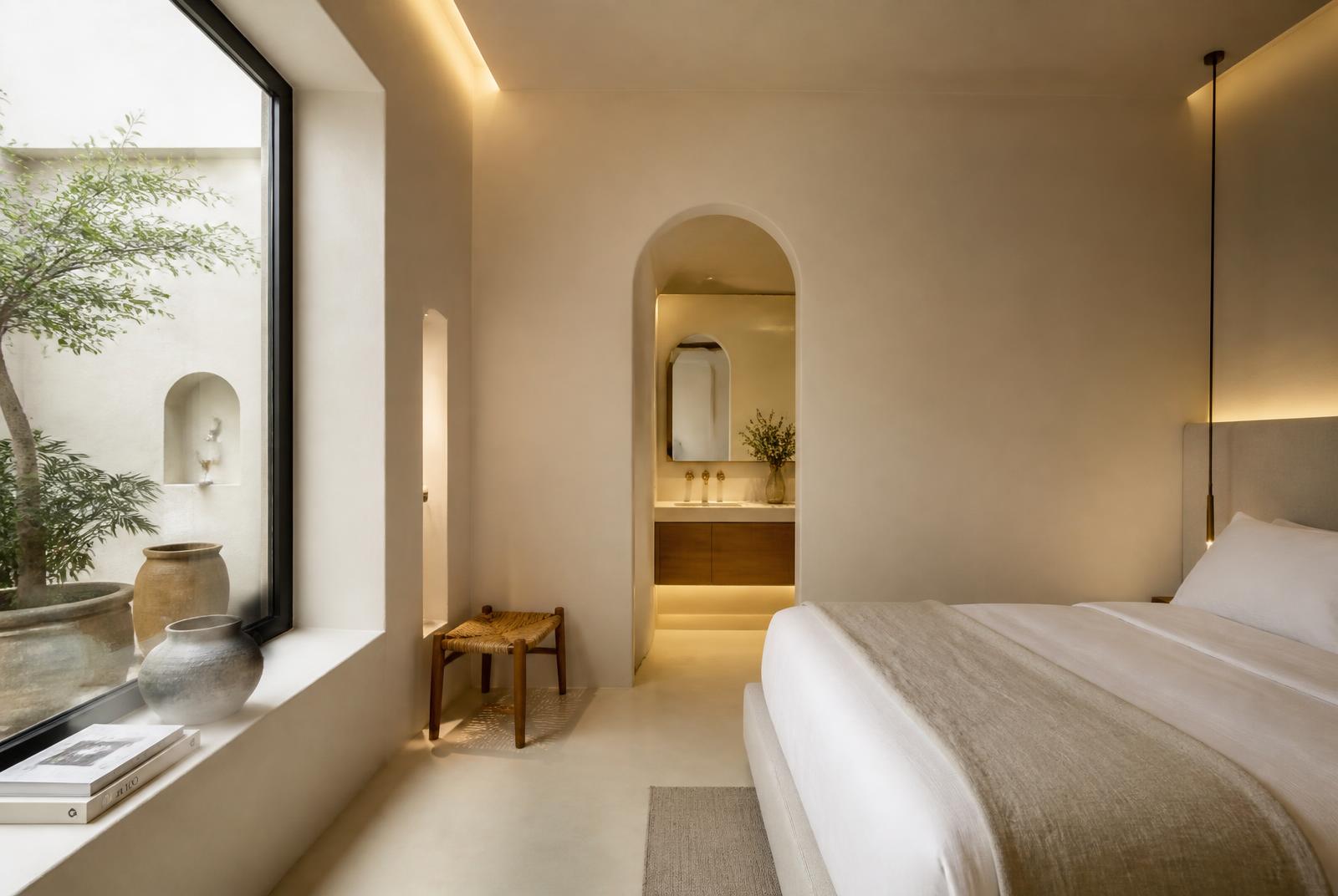 Courtyard Room at The Selah — Opens onto the green courtyard, with a stone vanity along the wall and a glazed rain shower.